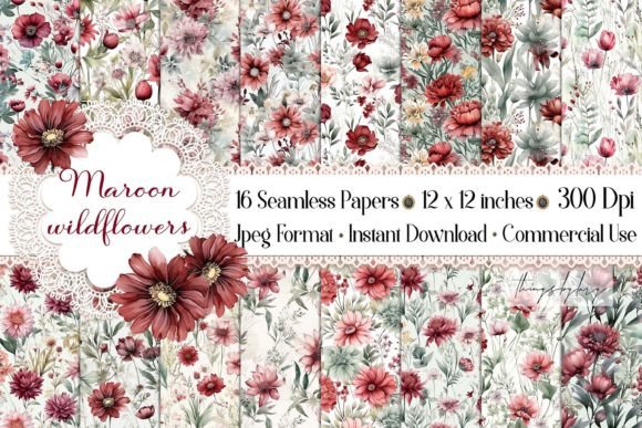 Elevating Digital Design with 16 Seamless Maroon Wildflowers Patterns for Modern Creators