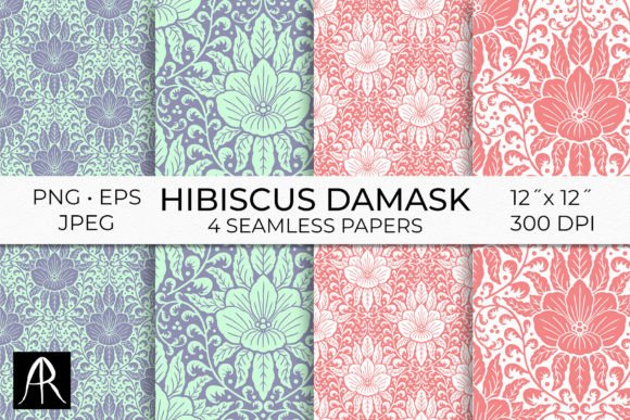 Hibiscus Flower Damask Seamless Patterns