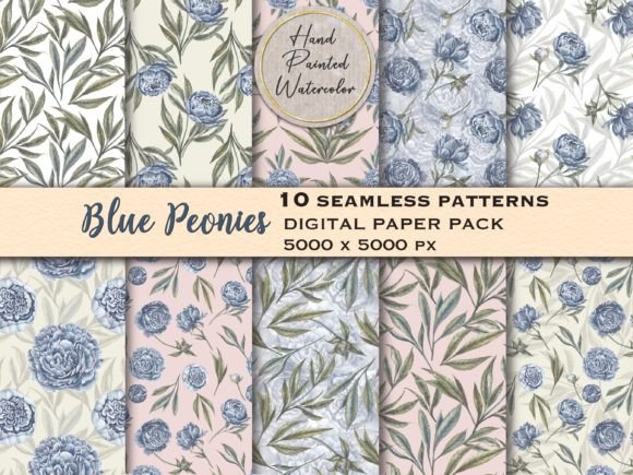 Watercolor Blue Peony Seamless Patterns
